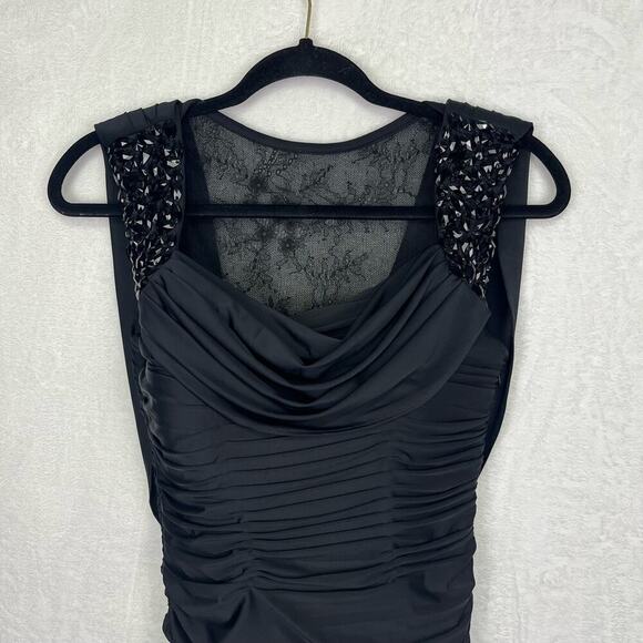 Sherri Hill Black Rouched Lace Draped Jewel Straps Bodycon Mini Dress Size 4 - Picture 3 of 15